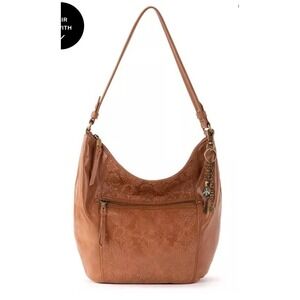 Women's Sequoia Leather Large Hobo Bag Tabacco Color Floral Embossed